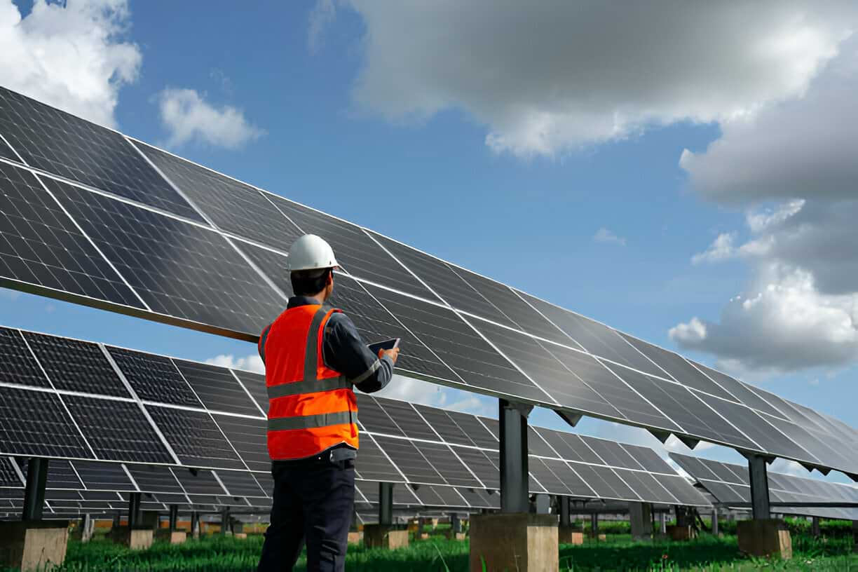 An Installer watching ground-mounted Mountd Solar