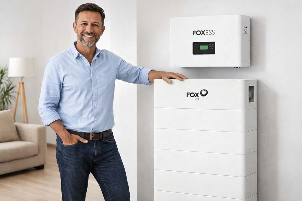 A happy house owner with his solar battery