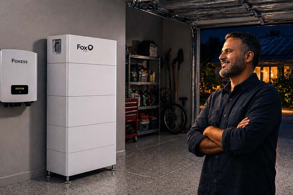 Happy homeowner watching his solar battery