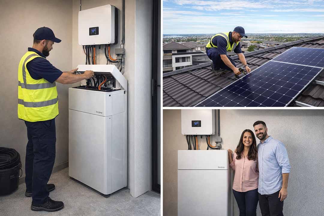 Battery installer, roof solar installer and happy customer with battery