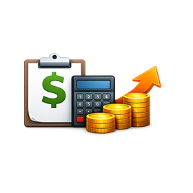 Calculator, coins and dollar sign paper