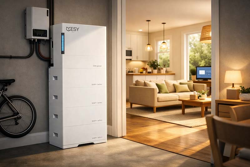 ESY sunhome solar battery installed in a garage that lighting the home